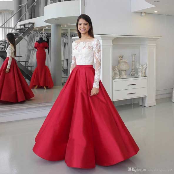 لباس مجلسی دخترانه آستین دار قرمز سفید ۱۴۰۱
