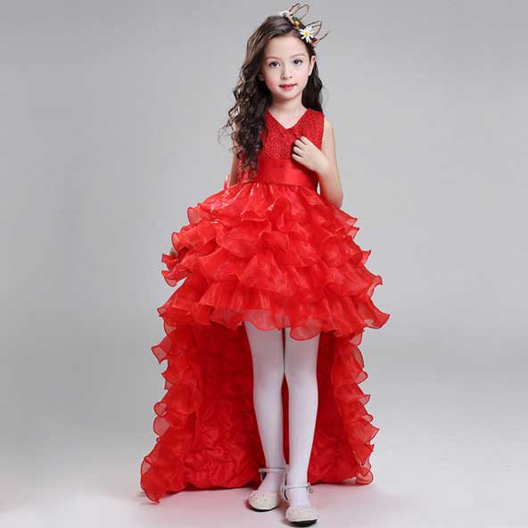 لباس قرمز مجلسی ۲۰۲۴ جلو کوتاه پشت بلند برای دختر بچه