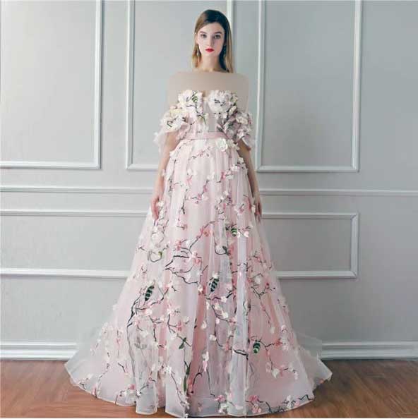 مدل لباس مجلسی جدید پرنسسی دخترانه ۲۰۲۴ گل برجسته با پارچه حریر