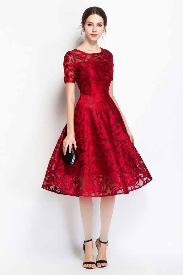 لباس مجلسی گیپور کوتاه جدید قرمز رنگ