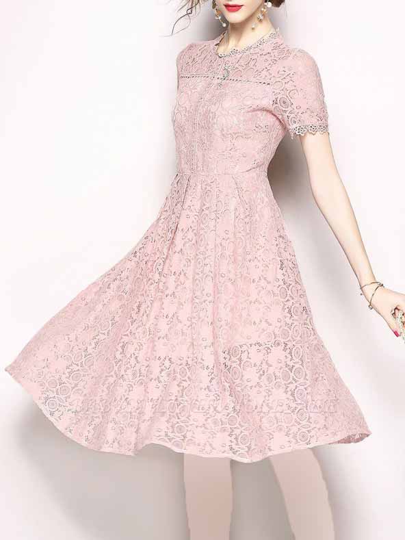 مدل لباس مجلسی آستین دار کوتاه گیپور 1401 صورتی رنگ