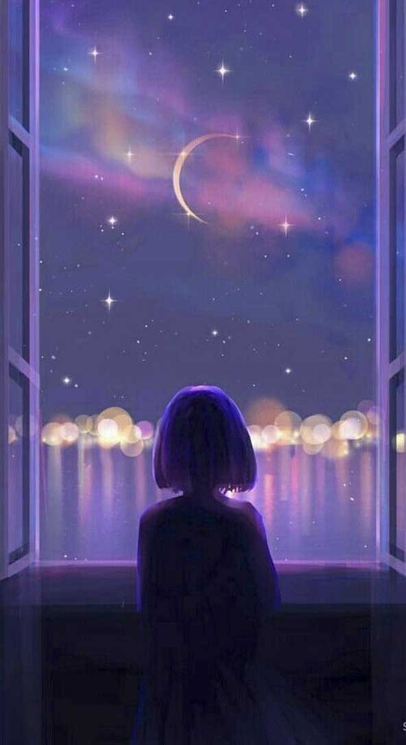 تصویر زمینه دختری که به آسمان و ماه خیره شده برای تنهایی