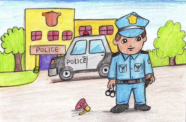 نقاشی کودکانه پلیس با مداد رنگی همراه با ماشین پلیس