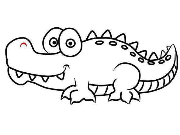 تصویری کودکانه از نقاشی تمساح با چشمانی قلمبه و ظاهری تپل و چاق