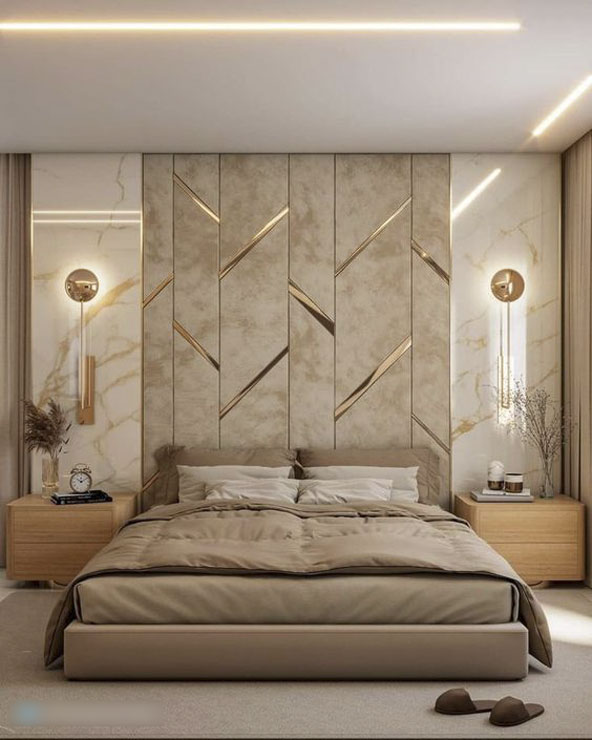 کاغذ دیواری طلایی رنگ بسیار شیک مناسب اتاق خواب زوج های جوان