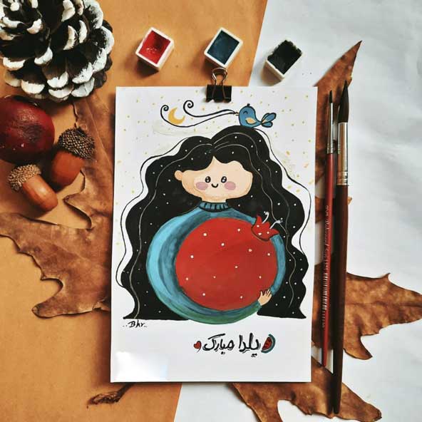 نقاشی دخترونه یلدایی با موهای بلند و مشکی و متن تبریک
