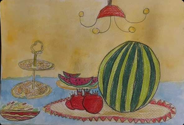 نقاشی یلدایی کودکانه ساده از میز شب چله