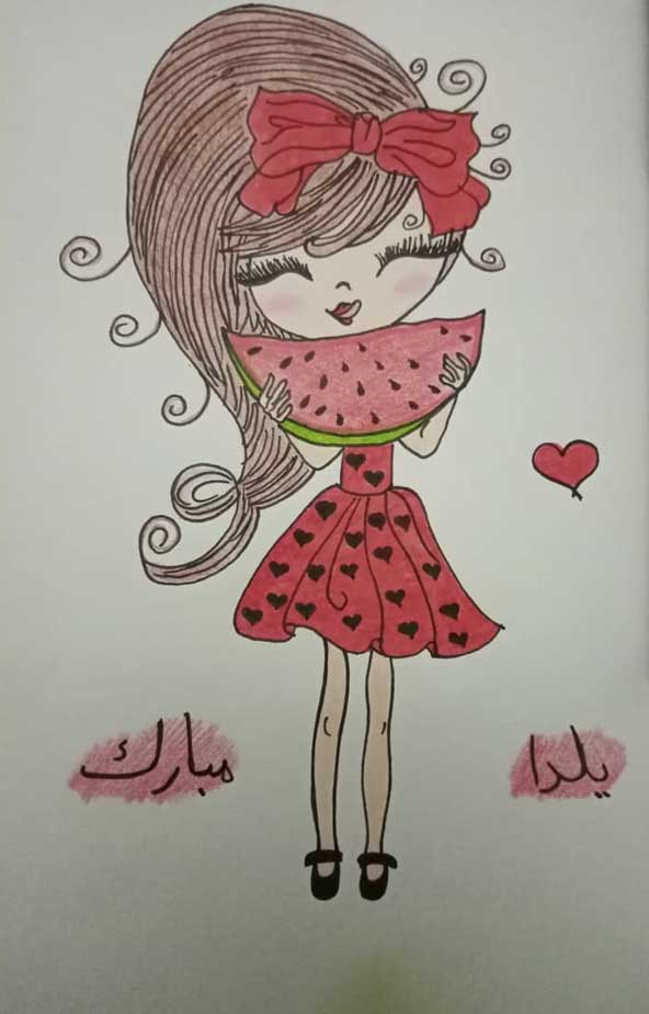 نقاشی جدید دخترانه همراه با هندوانه در دستانش بعلاوه نوشته تبریک یلدا