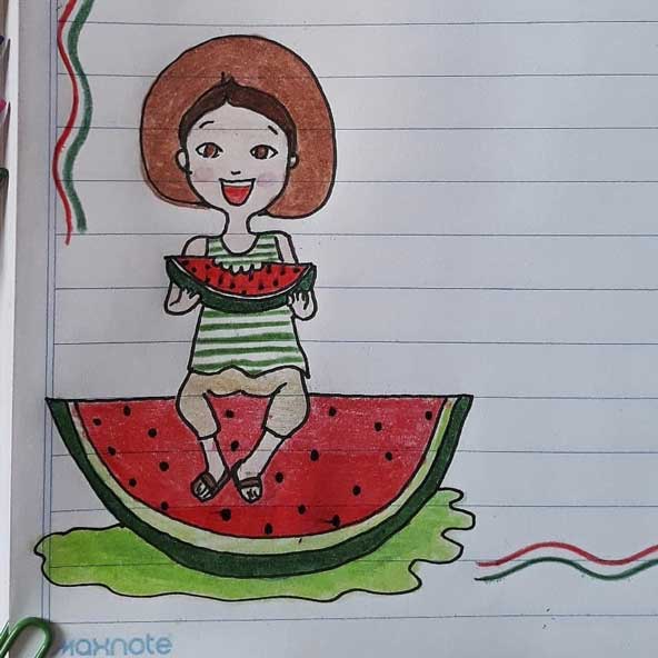 عکس نقاشی باحال پسری خوشحال که بر روی هندوانه ای نشسته و هم زمان در حال خوردن هندوانه ای دیگر است برای یلدا