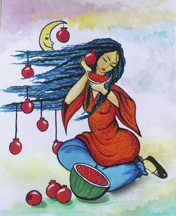 نقاشی حرفه ای با موضوع یلدا و ترکیبی از انارهای آویزان به گیسوهای یک خانم و هندونه ای قاچ خورده بر روی زمین