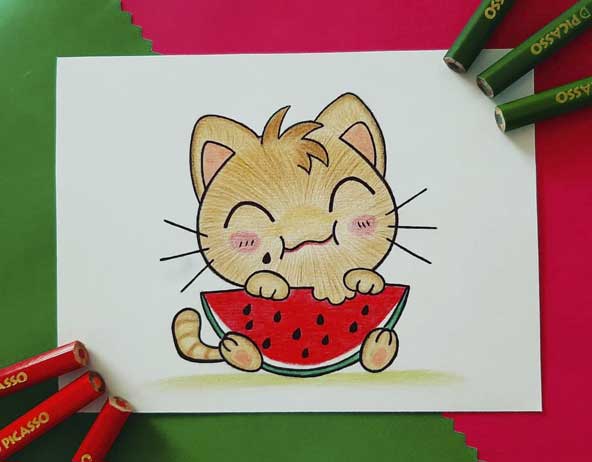 نقاشی یلدا آسون و کودکانه از گربه و هندوانه