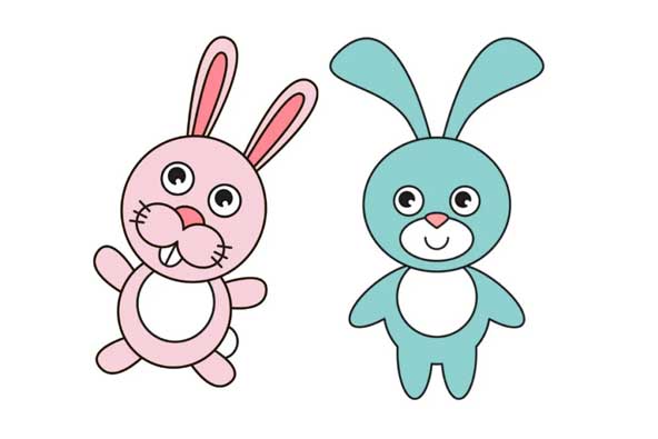 نقاشی دو تا خرگوش بامزه آبی و صورتی در کنار هم