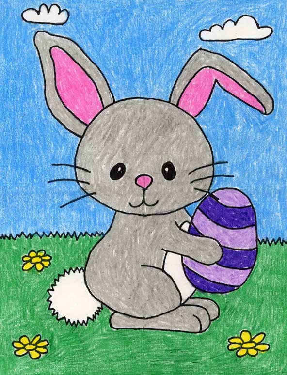 نقاشی رنگی خرگوش ایستاده همراه با تخم مرغ