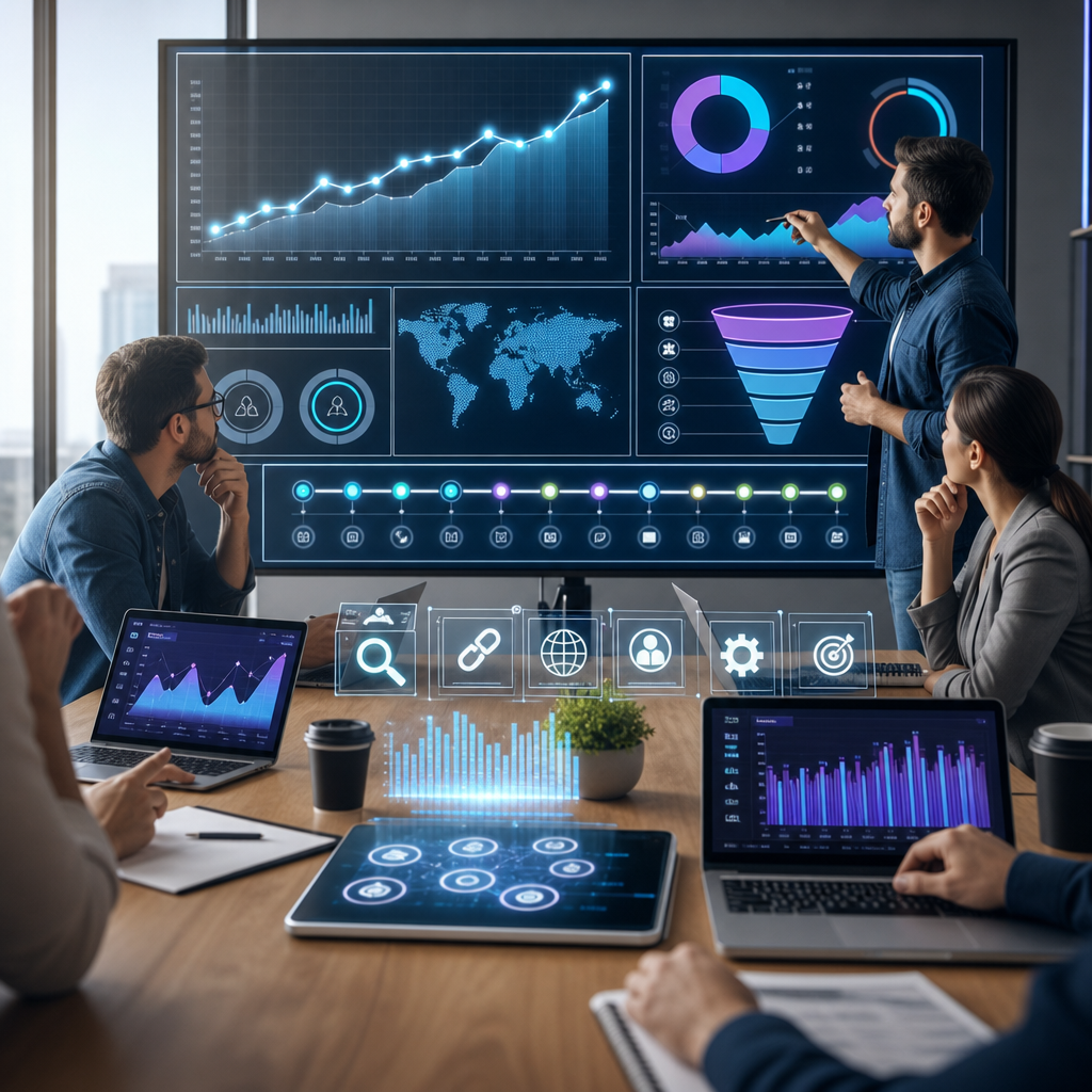 [تعرفه/قیمت طراحی سایت و سئو: پلن‌ها + سناریوها]: A futuristic yet practical reporting visualization: monthly SEO progress line graph, CTR and ranking indicators, lead funnel icons, and a project timeline spanning months, with a marketing team collaborating in the background, crisp details, no readable text, 4k.